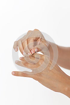 Adhesive bandage on hand