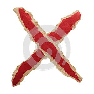 Adhesive red paper X shaped tape cut out on white background