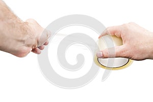 Adhesive tape in man hands