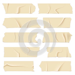 Adhesive tape. Old paper scotch tapes, masking sticky pieces realistic strips. Isolated vector set