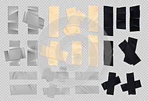 Adhesive tape. Realistic sticky black silver and paper pieces of old duct tape with rough edges. Vector set of scotch