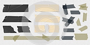 Adhesive tape. Scotch strips, packaging stickers. Isolated realistic black beige sellotape patch. Colorful bands vector