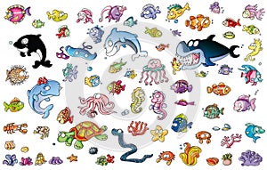 Adhesives of all species of fish, marine life, sea vegetation, and funny sea animals