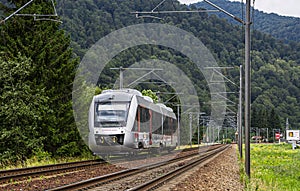 Passenger train crossing the Carpathian railway