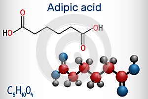 Adipic acid or hexanedioic, dicarboxylic acid molecule. It is food additive E355, also is used as precursor for the production of photo
