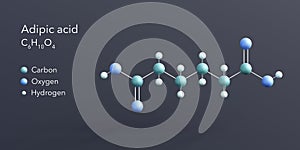 adipic acid molecule 3d rendering, flat molecular structure with chemical formula and atoms color coding photo