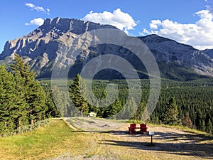 Adirondack chairs overlooking Mount Rundle from Tunnel Mountain viewpoint Banff National Park Alberta Canada, Canadian Rocky Mount