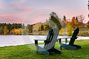 Adirondack Chairs on the Shore of Mirror Lake in the Village of Lake Placid, NY