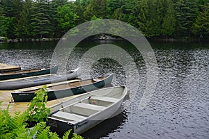 Adirondack Park, New York, USA: Canoes and rowboats tied to a wooden dock