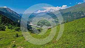 Adishi - A panoramic view on Zhabeshi, a mountain village, located on the bank of the river Mulkhura in Georgia. High Caucasus photo