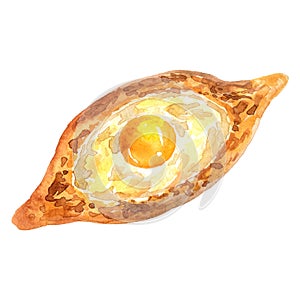 Adjara khachapuri. Georgian food. Hand drawn watercolor illustration. Isolated on white background