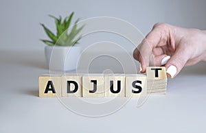 ADJUST word made with building blocks on white