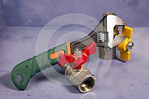 Adjust wrench power grip and elements of water and gas shutoff valves,small depth of sharpness