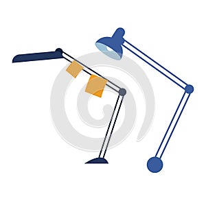 Adjustable blue desk lamp with a light on, yellow post-it notes attached. Modern office workspace vector illustration