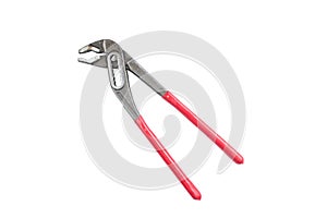 Adjustable red pipe pliers isolated on a white background. Path saved. Worker`s tool