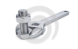 Adjustable wrench and bolt on white background. 3d rendering