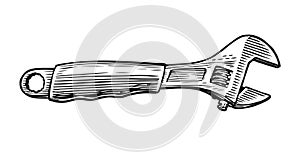 Adjustable wrench in vintage engraving style. Tool sketch vector illustration