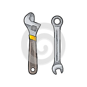 Adjustable wrench. Vintage vector engraving illustration