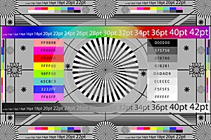 Adjusting camera lens test target colour chart. Tv screen background. EPS 10