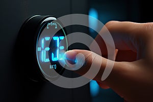 Adjusting Modern Digital Thermostat with Blue LED. Generative AI