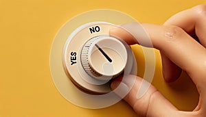 Adjusting Volume Selector Dial: Hand Close-Up on Yellow Background - AI Generated
