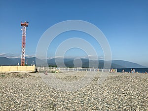 Adler city/Russia - August 2019: The beach near the border of Russia and Abkhazia