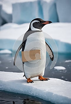 Adlie penguin holding sign on ice, Flightless bird in nature