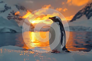 Adlie penguin on ice at sunset, surrounded by water, sky, and clouds