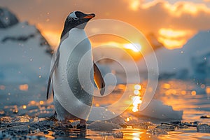 Adlie penguin wades in water at sunset with natural landscape backdrop
