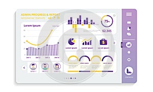 Admin progress and report, display panel with infographic on dashboard templates