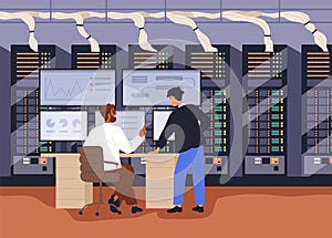 Administration of big data, work at multiple-screen computer in server room. Maintenance, support of cybersecurity and