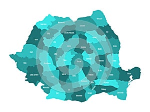 Administrative counties of Romania. Vector map in four shades of turquoise blue