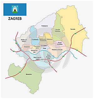 Administrative division map of croatia capital zagreb with flag