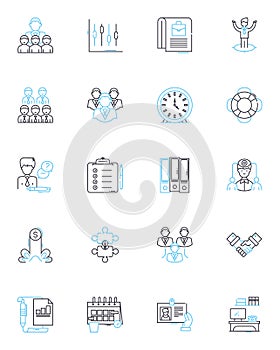 Administrative duty linear icons set. Management, Organization, Documentation, Coordination, Scheduling, Communication
