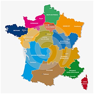 Administrative map of the 13 regions of france since 2016