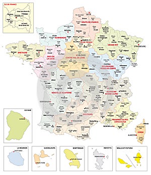 Administrative map of the 13 regions of France and overseas territories