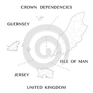 Administrative Map of the British Crown Dependencies of the United Kingdom: Guernsey, Jersey, and the Isle of Man with their civil