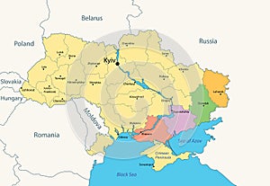 Administrative map of Ukraine with colored 4 ukrainian areas - Kherson, Zaporizhzhia, Donetsk and Luhansk regions. Vector