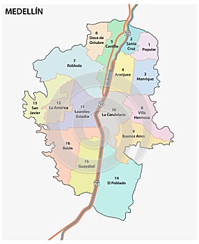 Administrative and political map of the Colombian city of Medellin