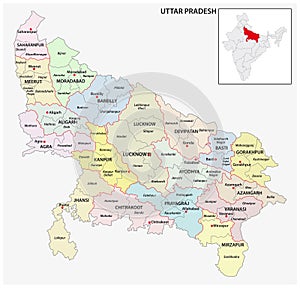 Administrative and political map of indian state of Uttar Pradesh, india