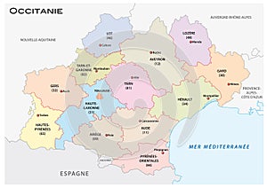 Administrative and political vector map of the occitanie region, france photo