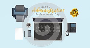 Administrative Professionals Day concept. Desk illustration on blue background.