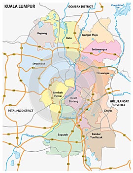 Administrative and road vector map of the Malaysian capital Kuala Lumpur