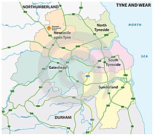 Administrative and road vector map of the metropolitan county of Tyne and Wear, United Kingdom