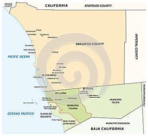 Administrative vector map of the cross-border agglomeration San Diego-Tijuana, Mexico, United States