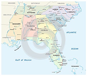 Administrative vector map of the states of the Southeastern United States