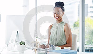 Administrator, computer and business woman in portrait, planning and schedule for company on technology. Receptionist