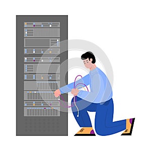 Administrator repairs data center server, flat vector illustration isolated.