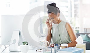 Administrator, stressed and business woman on computer, planning and schedule for company on technology. Receptionist