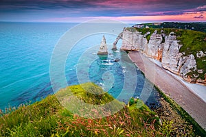 Admirable beach with high cliffs at sunset, Etretat, Normandy, France